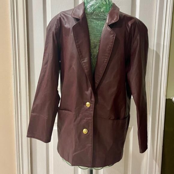 VTG ETIENNE AIGNER COAT BLAZER LEATHER MAROON SZ S OVERSIZED DARK ACADEMIA - Picture 3 of 16